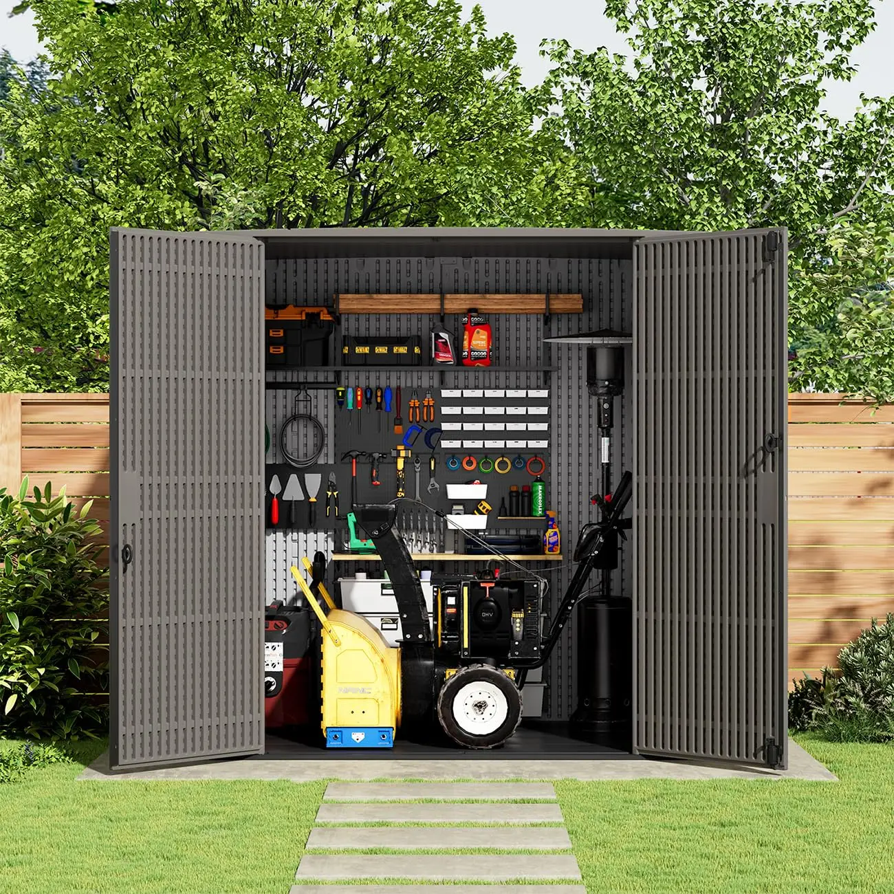 Vertical Storage Shed Resin Garden Tool Shed with Floor for Lawn Mower Bike Trash Cans Pool Supplies Lockable, Customized