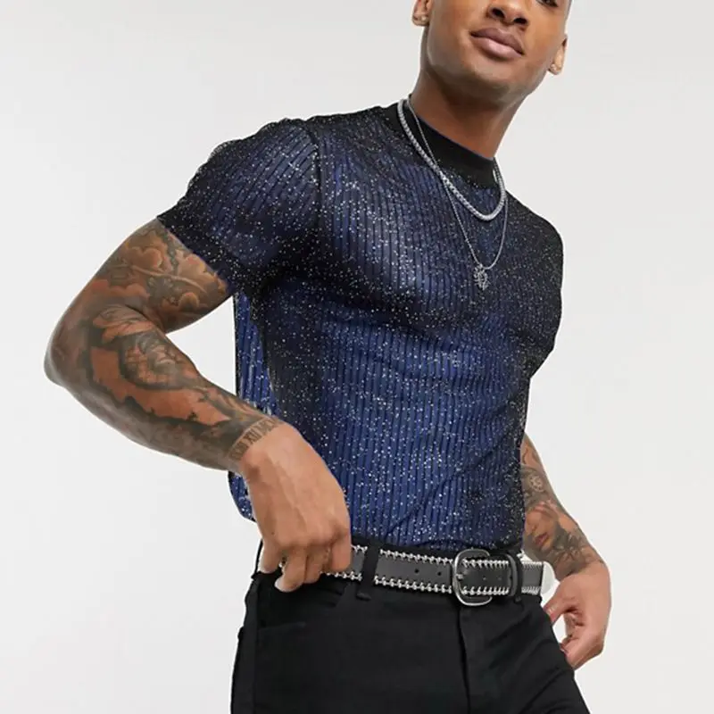 Men\'s Short Sleeve Mesh T Shirt Sheer Slim Fit Shiny Sexy See-through Party Nightclub Thin Breathable Clothing Leisure Tees