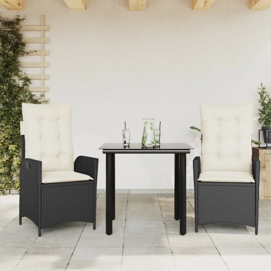

3 Piece Patio Dining Set with Cushions Black Poly Rattan