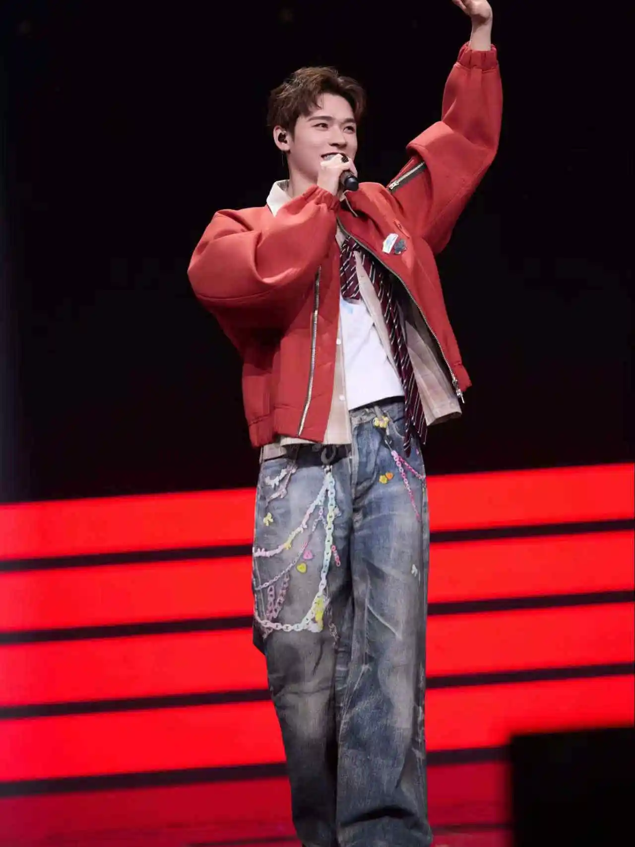 Men's 2025 Four-season Wear New Trendy Chain Printing Fashion Jeans Loose Straight Denim Trousers Personality Zipper Denim Pants