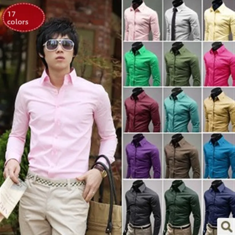 

Men's Faion Candy Color Long Sve irt Slim Fit Thiened Summer Spring irt Sli Casual Busin Pure Color irt