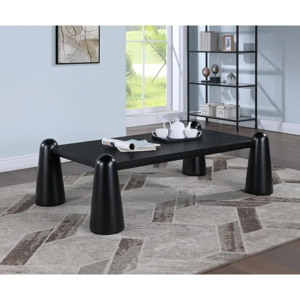 Mesa de centro Art Deco con acabado negro intenso, madera maciza, chapa de roble natural, 58,5" de ancho x 34,5" de profundidad x 17,5" de alto |