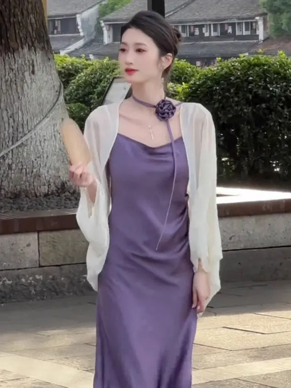 

Summer Thin Chiffon Sun Protection Cardigan Women's Sleeveless Lace Top Dress Cover up Shawl Outerwear French Style Loose Fit