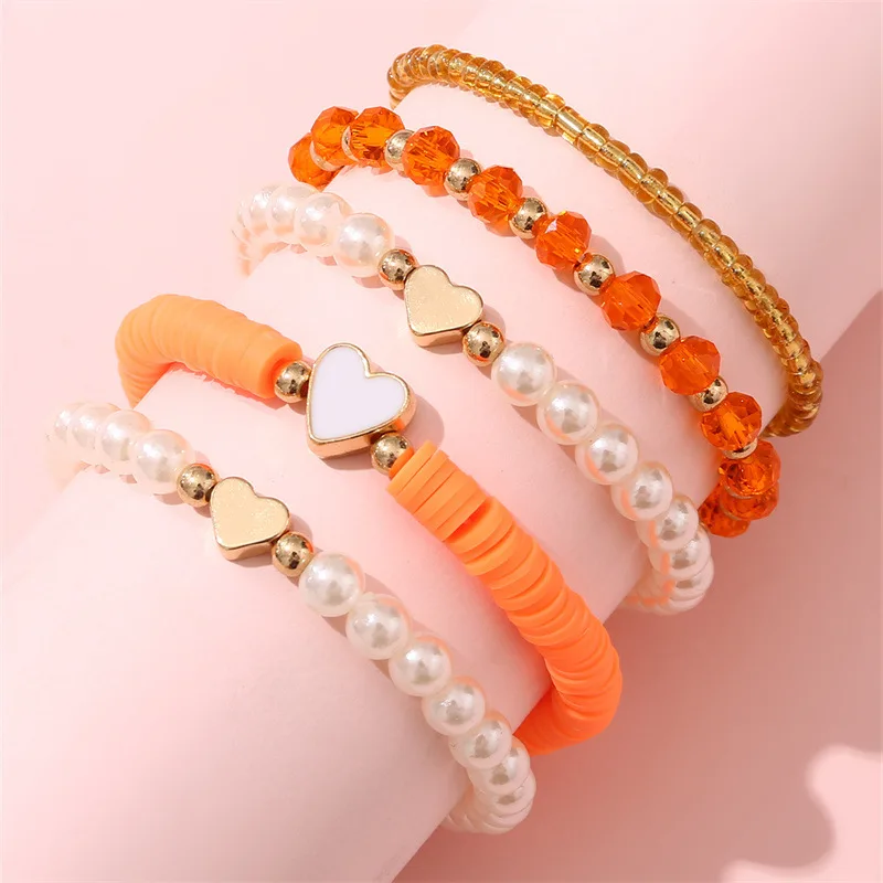 5pcs/set Everyday Cute Beaded Bracelet for Girls – Handcrafted with Faux Pearls & Colorful Seed Beads.
