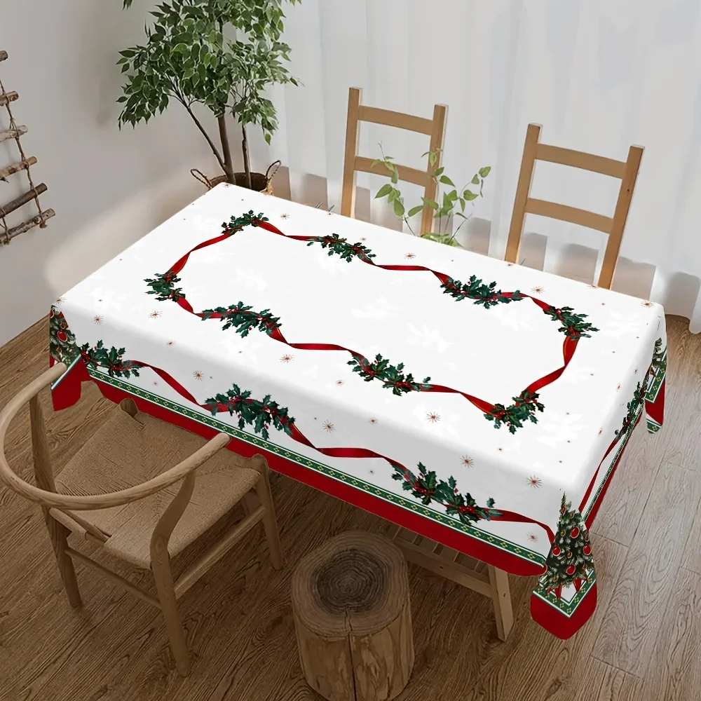 1Pc Christmas Style Tablecloth White Red Green Holly Berry Ribbon Print Table Cover For Holiday Party Dining Home Decoration Wat
