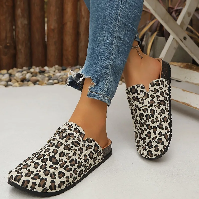 Women Leopard Print Slip on Mules Adjustable Strap 2.8cm Cork Footbed Flat Slippers Open Back Casual Outdoor Slide Shoes