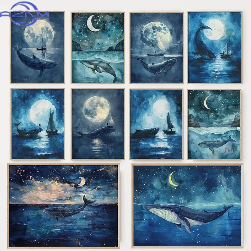 Celestial Moom Night Humpback Whale Watercolour Poster Whale and Boat Canvas Painting Wall Art for Living Room Home Decoratio