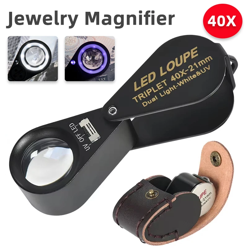 40X All Metal Pocket Magnifier, Handheld Illuminated Folding Loupe Magnifying Glass with LED/UV Lights for Jewelry, Coins, Stamp