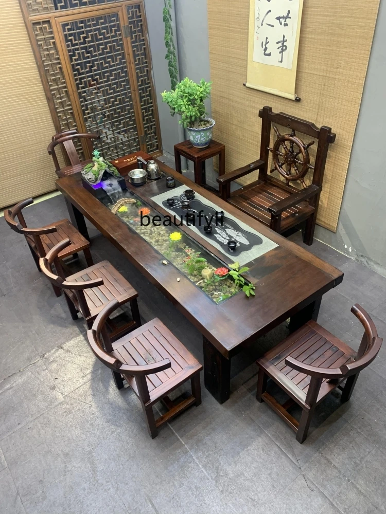 Old Ship Wood Table-Chair Set Circulating Water Fish Farming Tea Table Kung Fu Tea Table Integrated Square