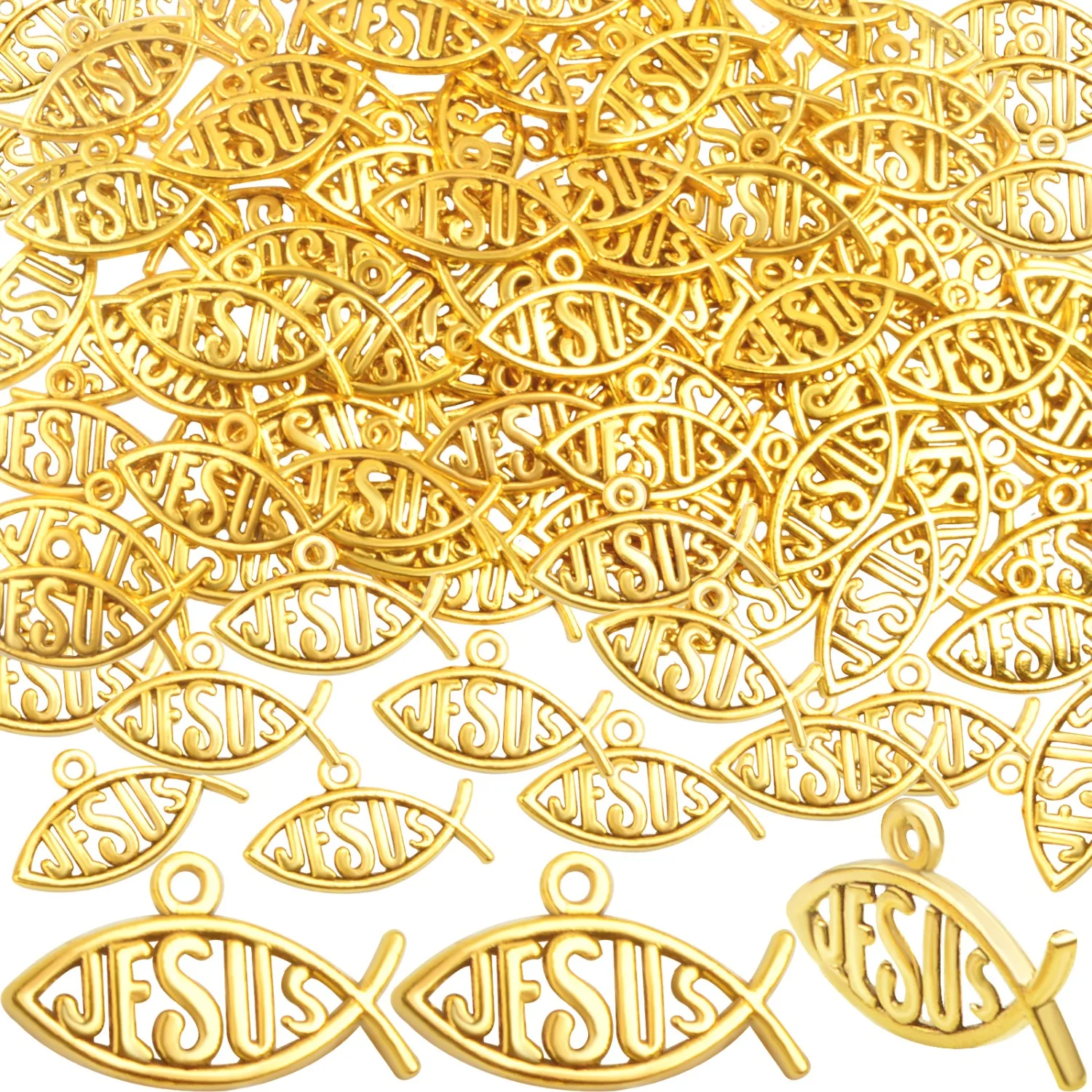 

100pcs Jesus Fish Charms Vintage Alloy Christian Faith Fish Pendants Religious Jesus Dangle Charm for DIY Bracelet Necklace