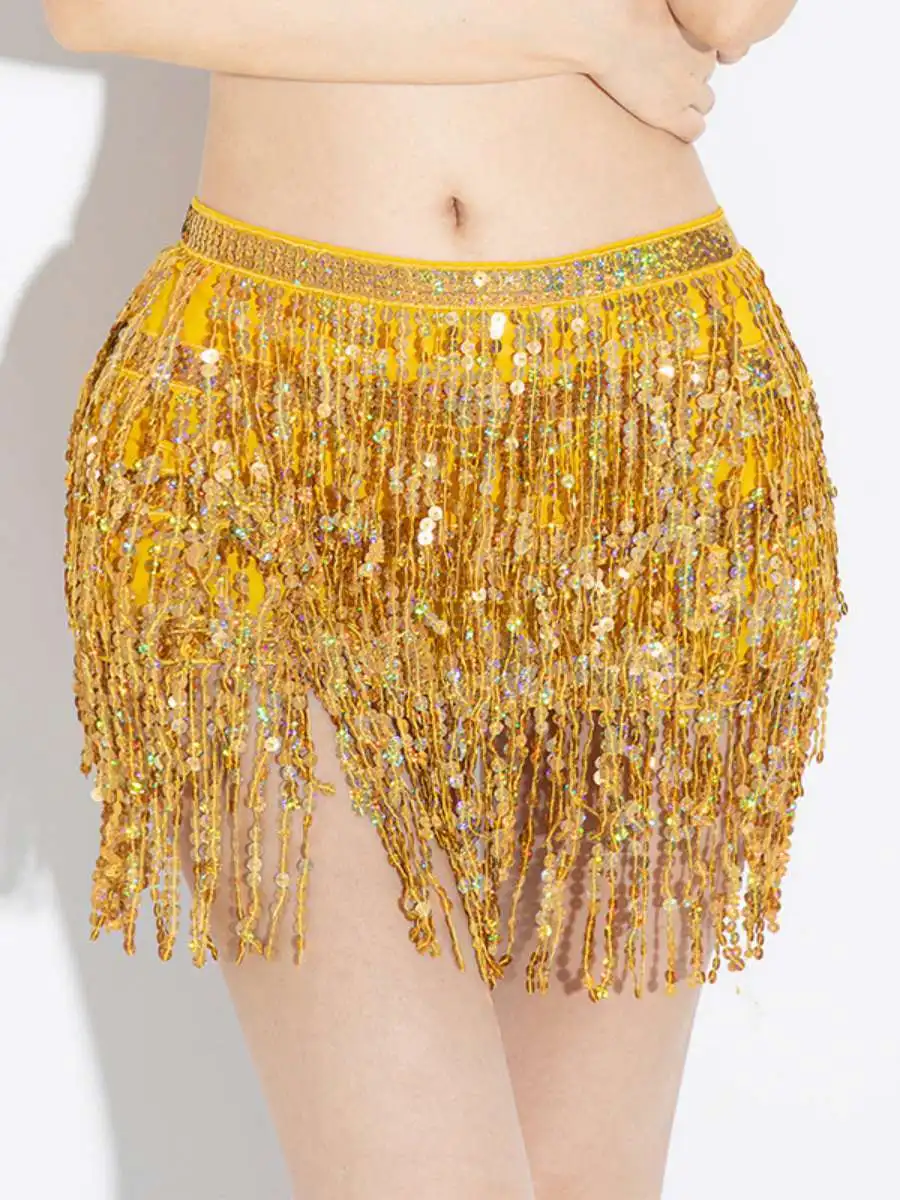 

N Хип-шарф для танца живота с блестками и кисточками на талии, танцевальная одежда, яркая блестящая многослойная юбка, женский этнический костюм