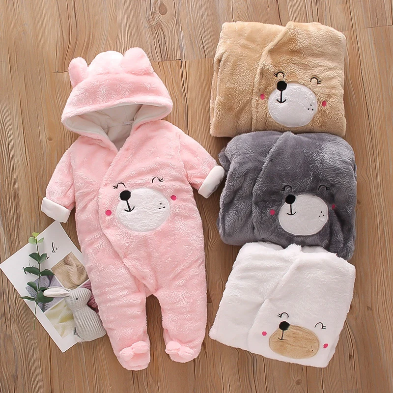 

Boys Girls Bear Print Wool Fleece Hooded Footed Cute Cartoon Romper Comfortable Jumpsuit
