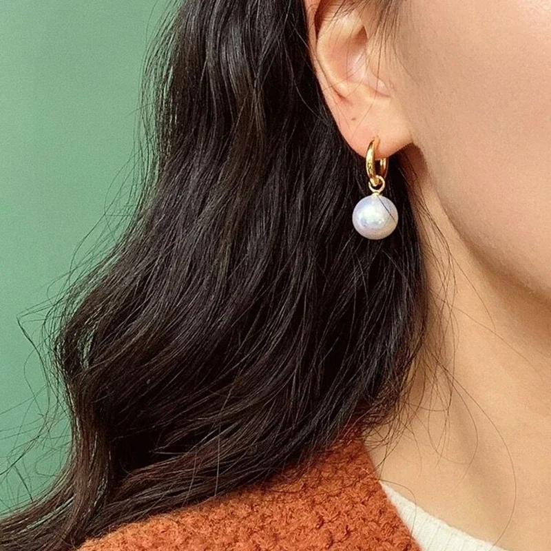 100% Natural Freshwater Edison Round Aurora Bright White Pearl Earrings S925 Sterling Silver Gold French Vintage Style Gifts