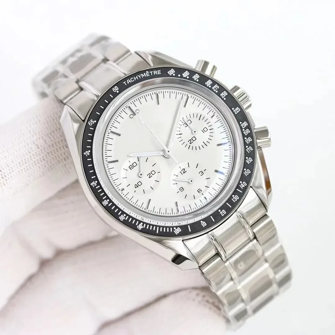 ساعات رجالية من أفضل العلامات التجارية الفاخرة بحركة كوارتز كرونوغراف من الفولاذ المقاوم للصدأ والياقوت المقاوم للماء، ساعة عصرية مضيئة