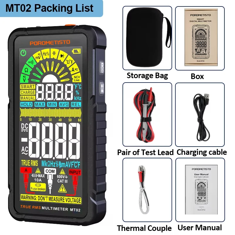 Mt02-スマート充電式マルチメータ,true rms,600v,10a,デジタルマルチメーター,ac,dc,電流電圧,オーム,hz,液滴ncvテスター