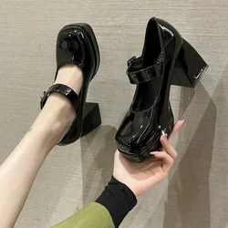 Lady Mary Jane Shoes 2024 New Square Toe Platform Women High Heels Big Size 35-44 Women's Chunky Heels Non-slip Pumps
