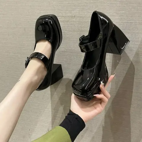 레이디 메리 제인 슈즈, 스퀘어 토 플랫폼, 여성 하이힐, 빅 사이즈 35-44, 청키 힐, 미끄럼 방지 펌프, 2024 신상