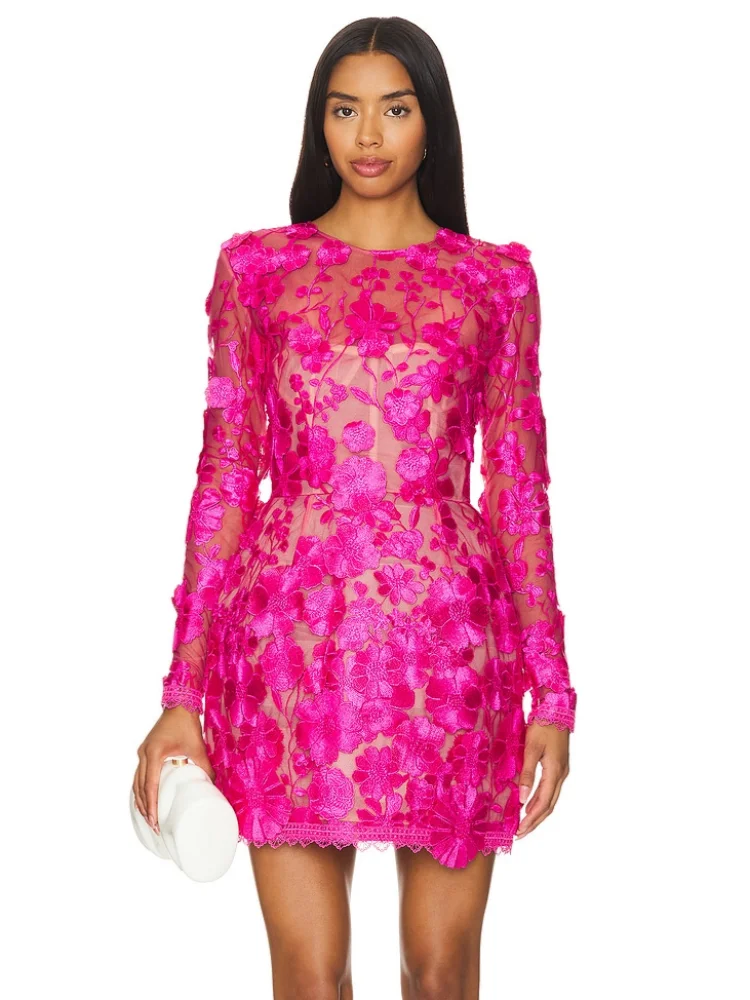

Sexy O Neck Flower Embroidered Mini Dress Women Rose Red Long Sleeve Floral Lace High Waist Dresses Evening Party Cocktail Gowns