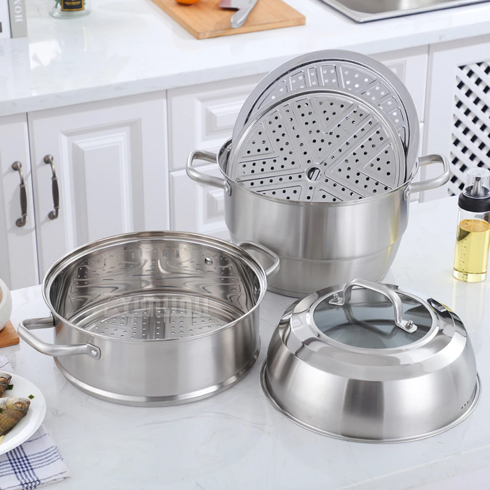 وعاء طهي بالبخار من الفولاذ المقاوم للصدأ بطبقات مزدوجة، وعاء تبخير بسعة كبيرة لموقد غاز للطباخ التعريفي