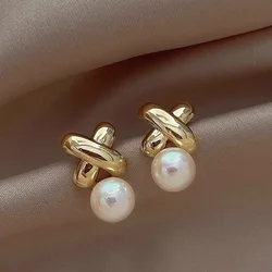 Vintage Metal Cross Drop Earrings for Women Party Imitation Pearl Dangle Earrings Trendy X Shape Golden Color Statement Jewelry
