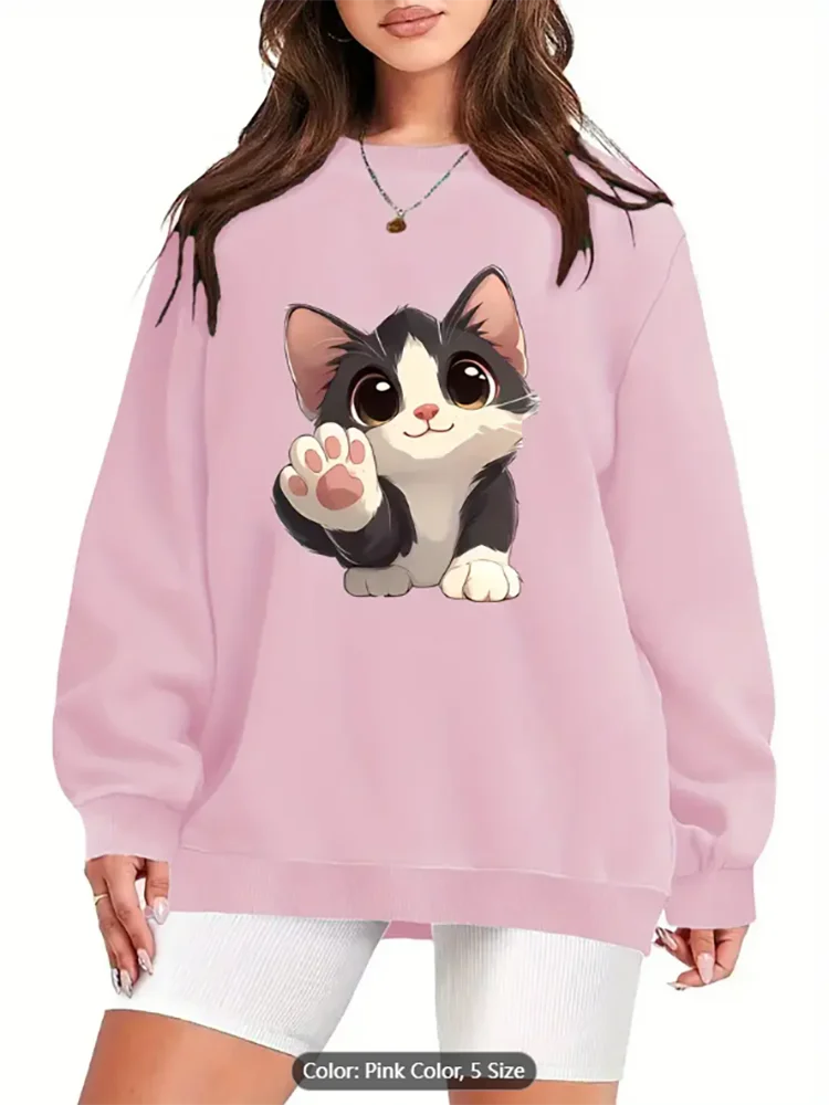 

Женский розовый свитшот с милым котенком и графическим принтом, повседневный пуловер большого размера, топ для любителей кошек, можно стирать в машине, чистый хлопок