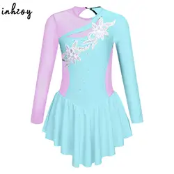 Kids Girls Ballet Tutu Dress Gymnastics Leotard Dance Wear Long Sleeve Rhinestone Figure Skating Costume Ballerina Party Dresses