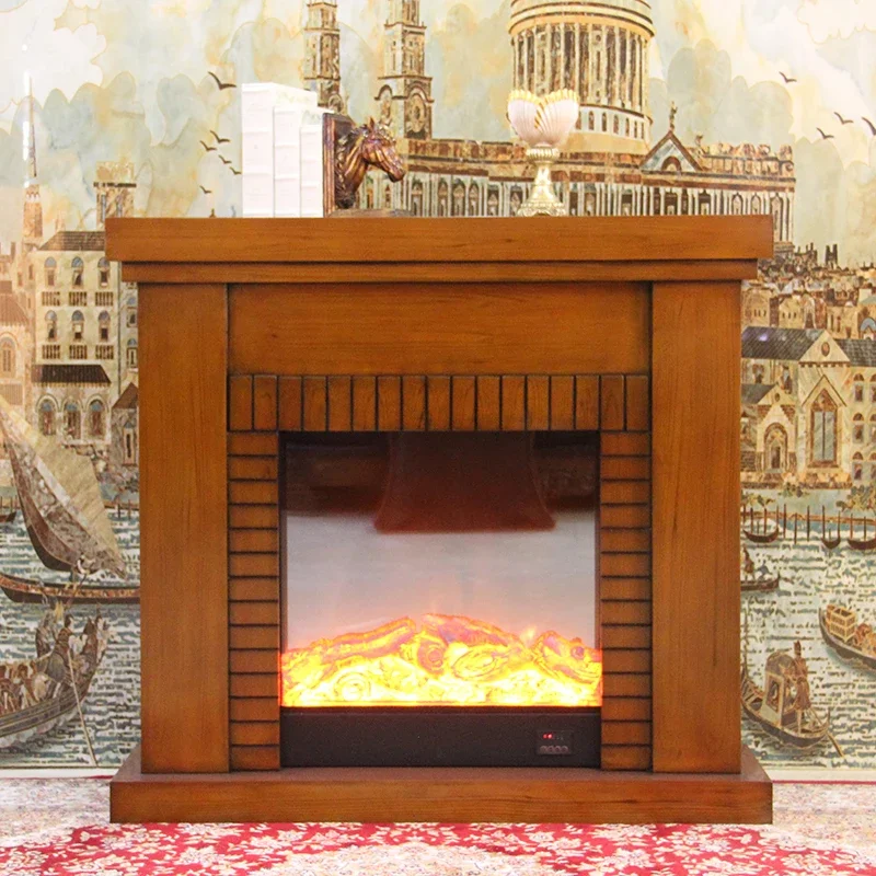 1.2 meter American brown wood fireplace simulation fire for heating, European ivory white wall stove frame