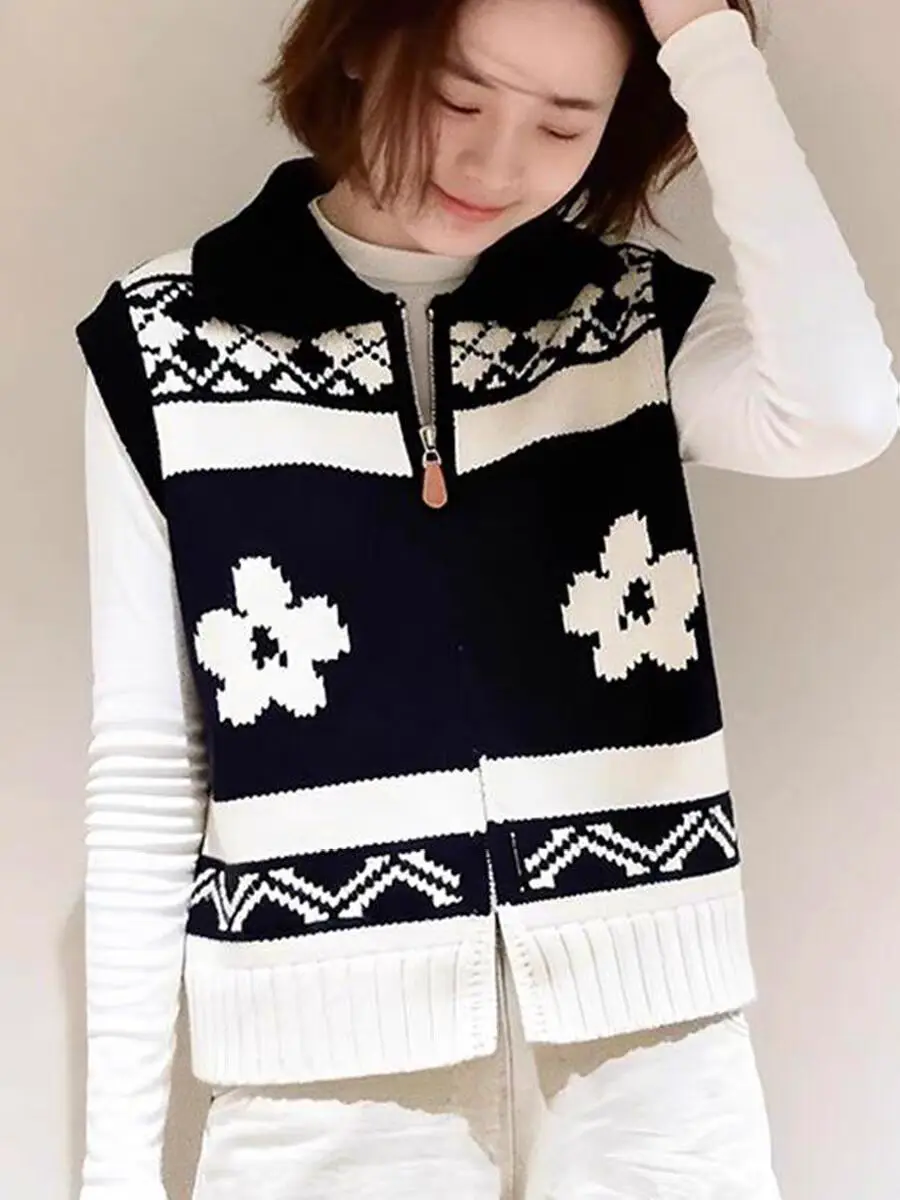 

Женский вязаный шерстяной жилет Goka, коллекция Весна 2026, модный, с отложным воротником, вышивкой, верхняя одежда для многослойных образов, на молнии