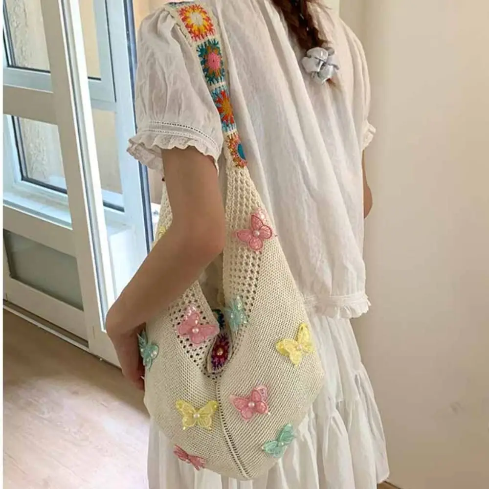

Cute Hollow Out Butterfly Knitting Bag Beach Handbag Tote Bag Beach Bag Large Capacity Bohemian Style Hollow Shoulder Bag Travel