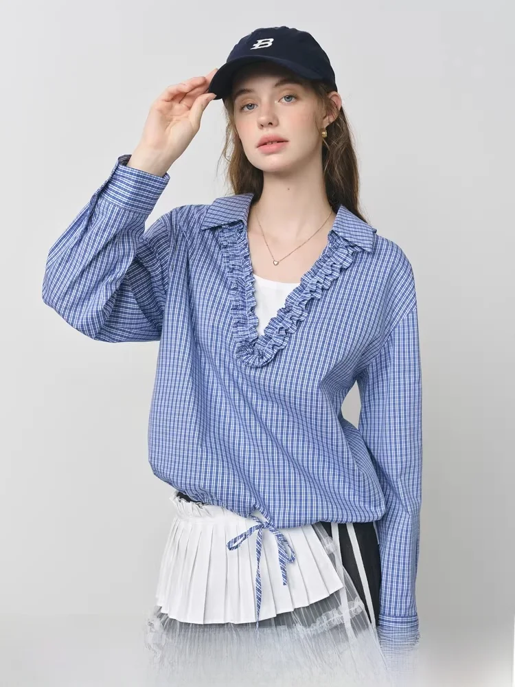 

Ele V-ne Long Sve irt Women's Spring Summer New Sle Dstring Belt Cotton Blend Comfortable Loose Fit irt