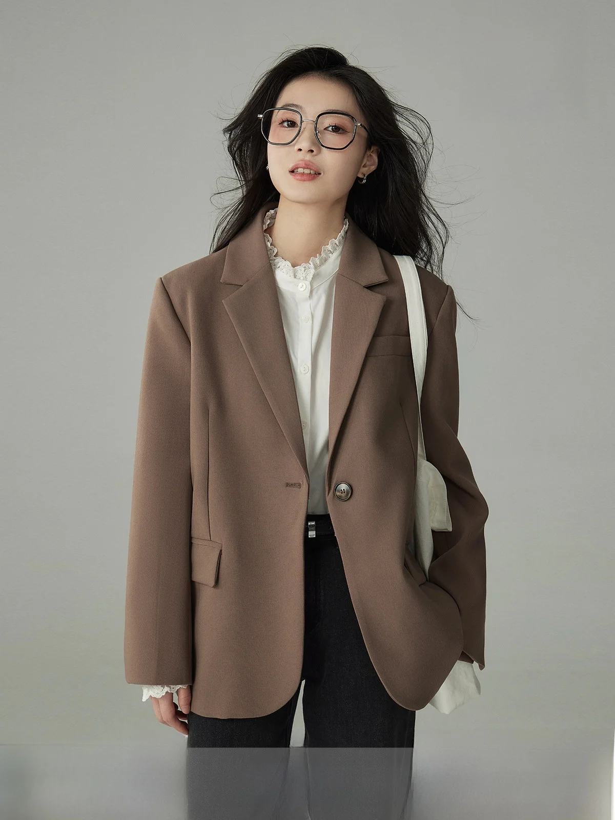 

Yake Homecamel Color Business Suit Jacket Women's Commute Style Long Sleeve Regular Length Pure Color Belted Career Wear