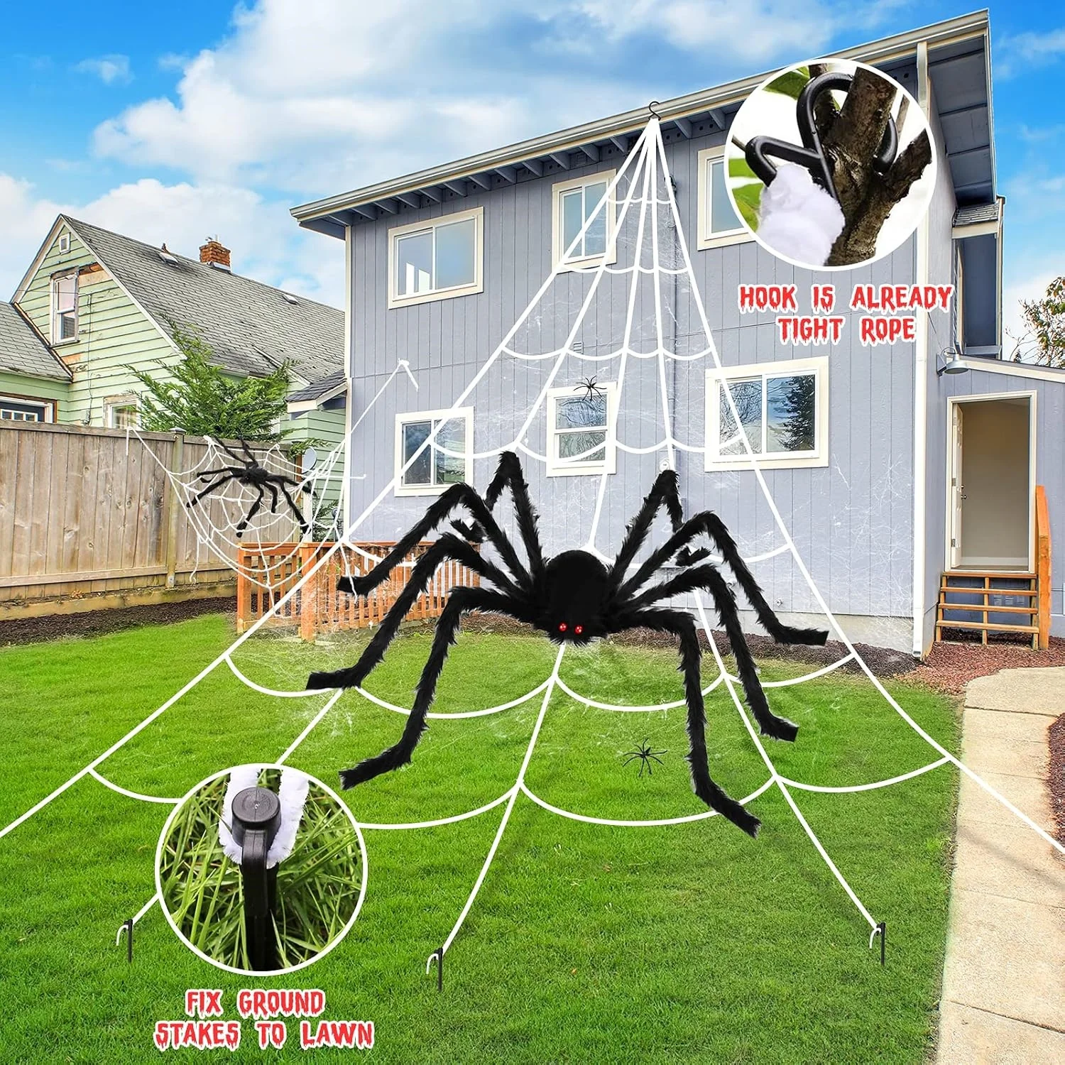 

Halloween Decorations,Giant Spider Triangular Spider Web Round Spider Web,for Indoor Outdoor Halloween Decor Haunted House Props