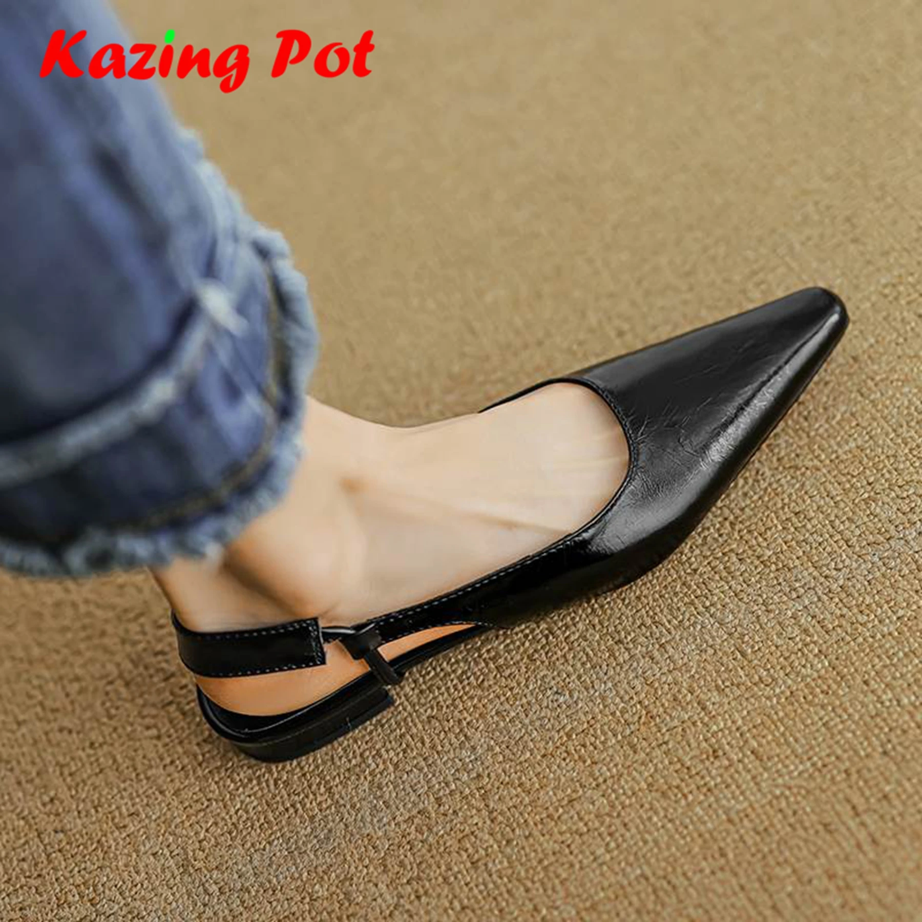 Krazing Pot Ins Cow Skin Square Toe Women Summer Slip On Street Wear Art Design Low Heels Slingback Concise Design Shallow Pumps