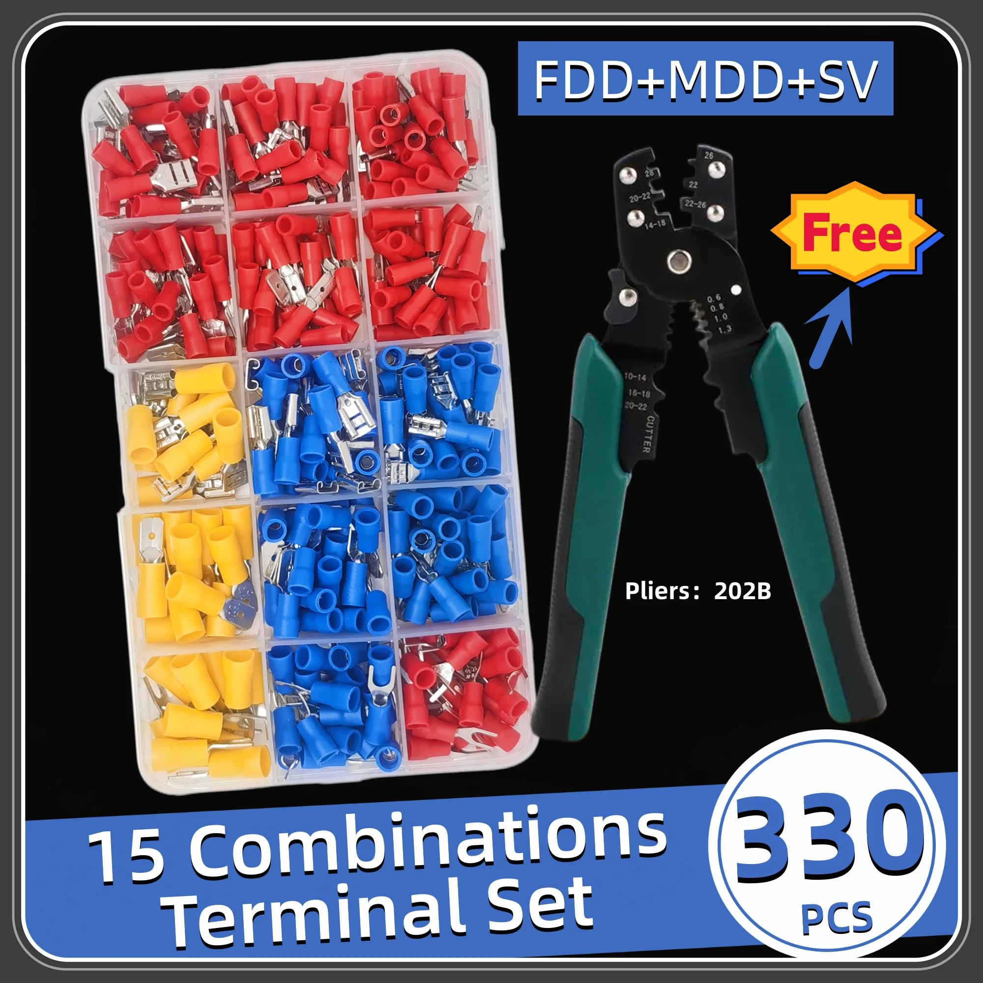 330PCS Boxed Quick Plug Butt Insulated Terminal，Male Female Electrical Wire Crimp  Cable Connector Termianl Kit，Crimping Pliers