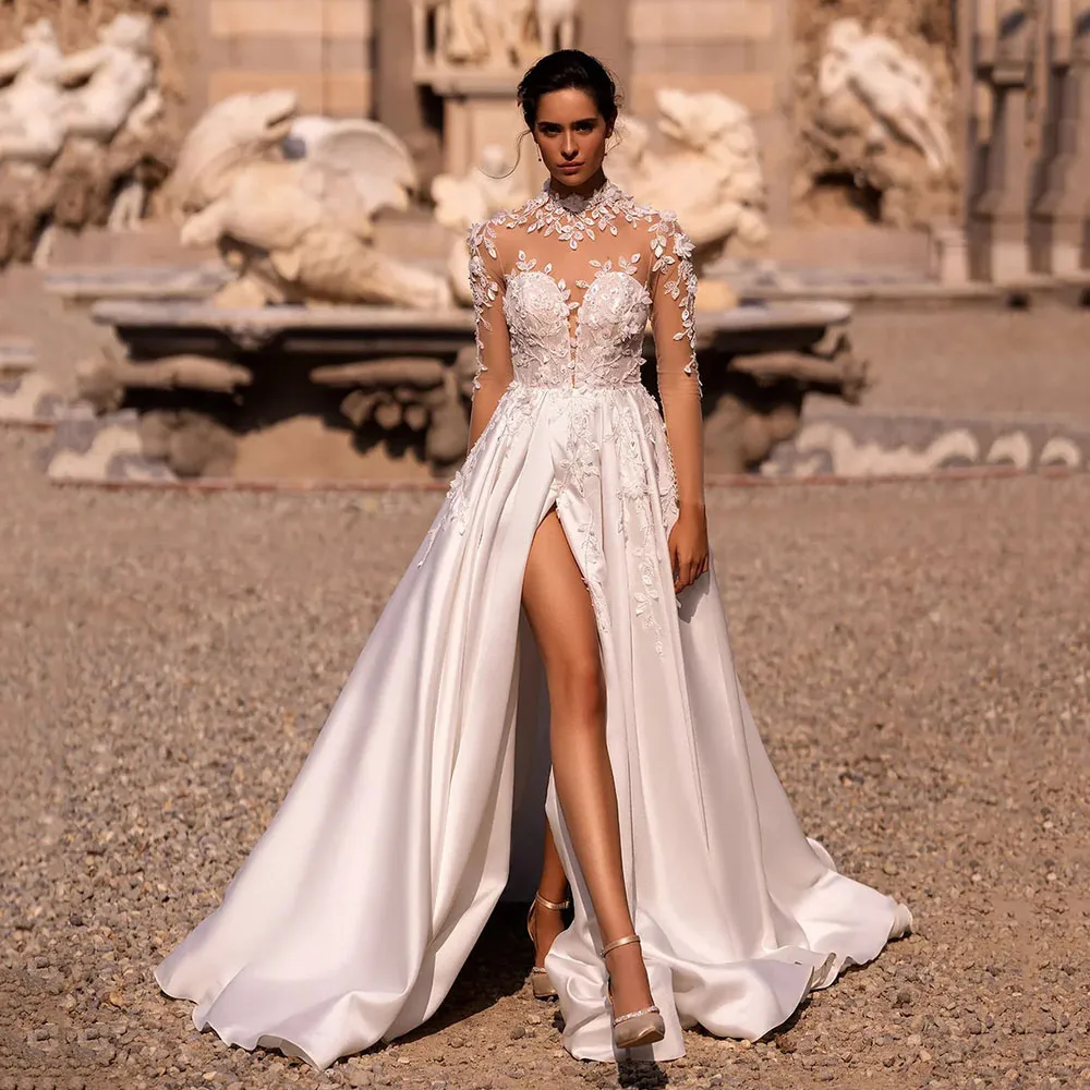 

Customized Luxury Wedding Dresses High Neck Lace Applique Illusion Long Sleeve High Slit Wedding Bridal Gown