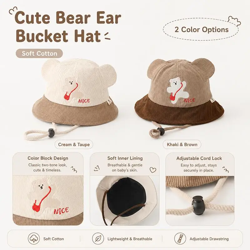 Kids Bear Ear Bucket Hat Soft Cotton Color Block Adjustable Chin Strap Autumn Sun Hat Unisex Baby Toddler Outdoor Fisherman Caps view 4