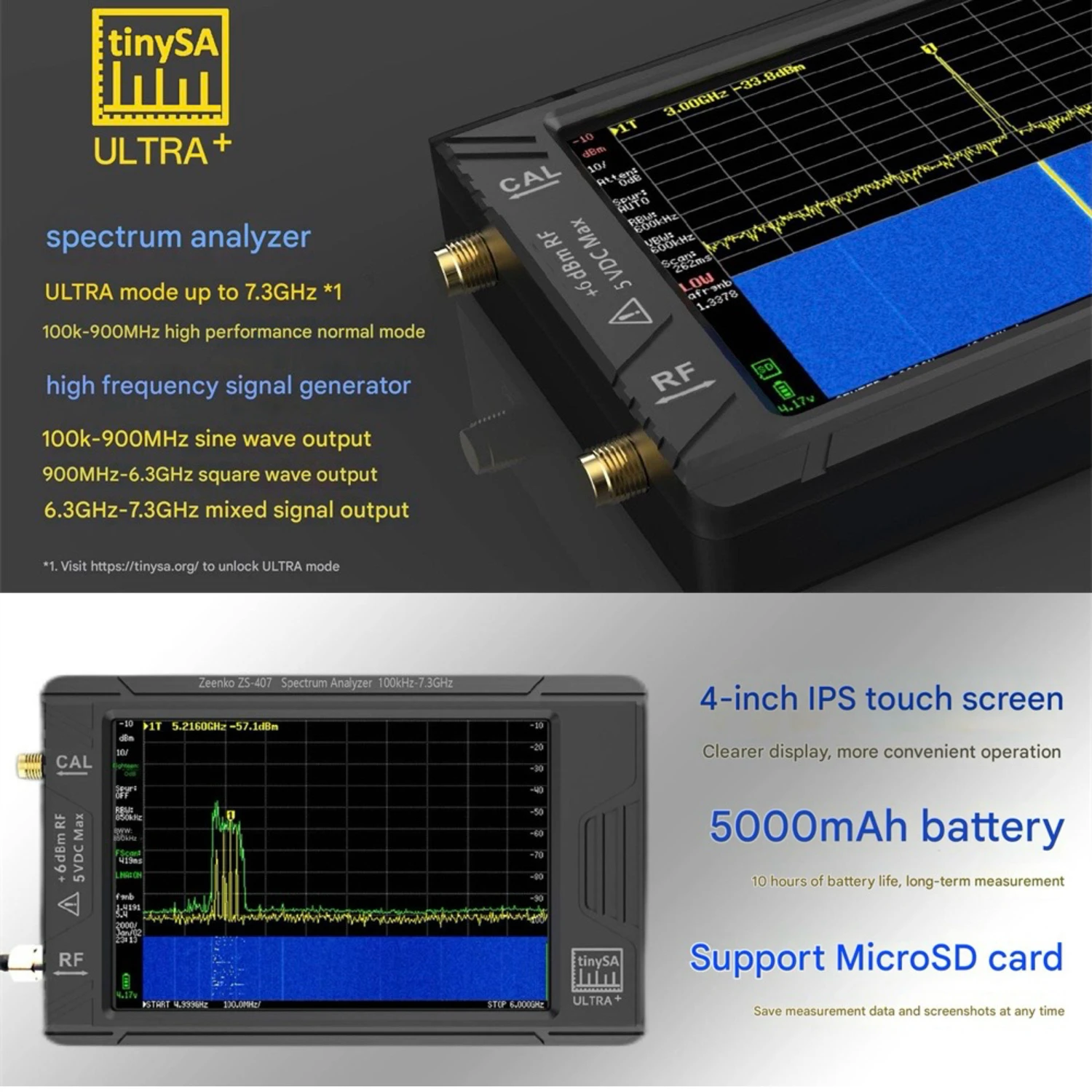 Originele ZEENKO TinySA ULTRA+ ZS407 Handheld Spectrum Analyzer 100 kHz-7,3 GHz IPS TFT LCD Interne LNA Gain USB-C Draagbare