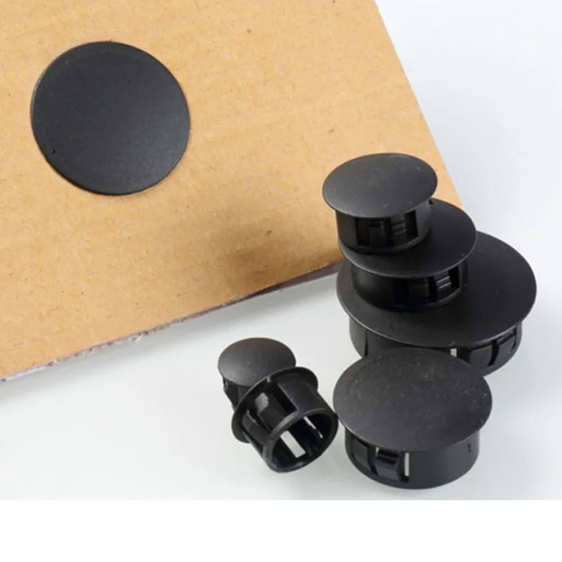 Tampas de Plástico Pretas para Furos de 5~50mm, Redondas, Decorativas, Protetoras contra Poeira, com Fivela de Nylon