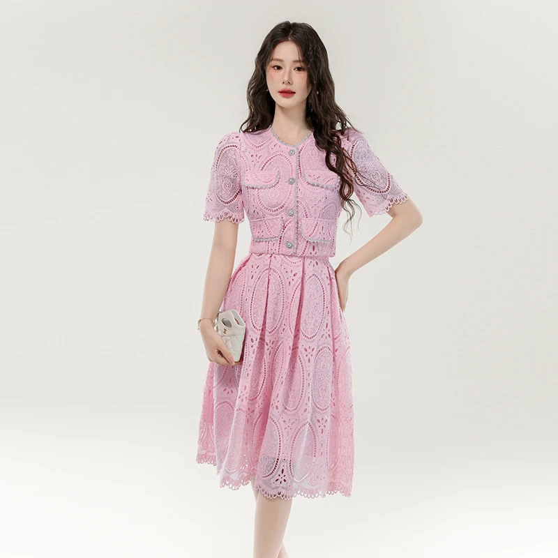 

Elegant Lace Top And Skirt Set Women's Fashion Summer 2026 Short Sleeve Button up Pure Color High-End Lightweight Luxury