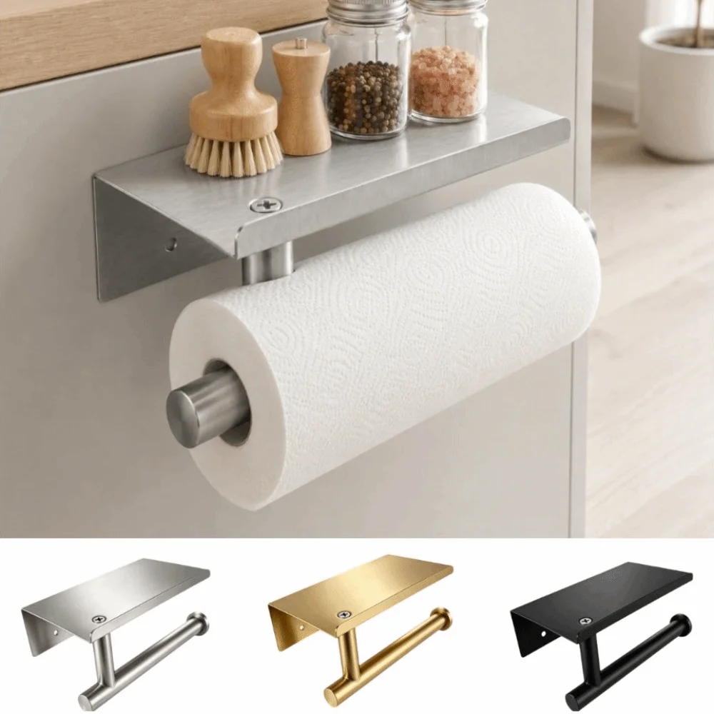 Rustproof Stainless Steel Toilet Paper Holder Self-Adhesive Wall Mounted Tissue Storage Rack Space Saving Waterproof