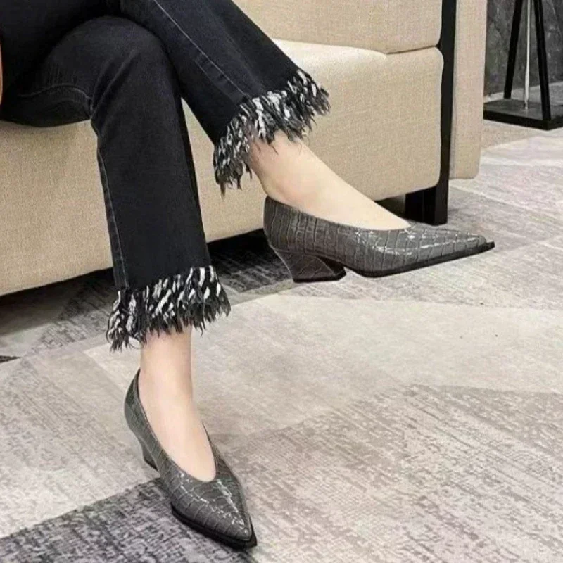 Scarpe da donna singole in pelle verniciata con scollo a V Tacco spesso a punta Tacchi alti Primavera e autunno Scarpe retrò versatili Moda donna Novità