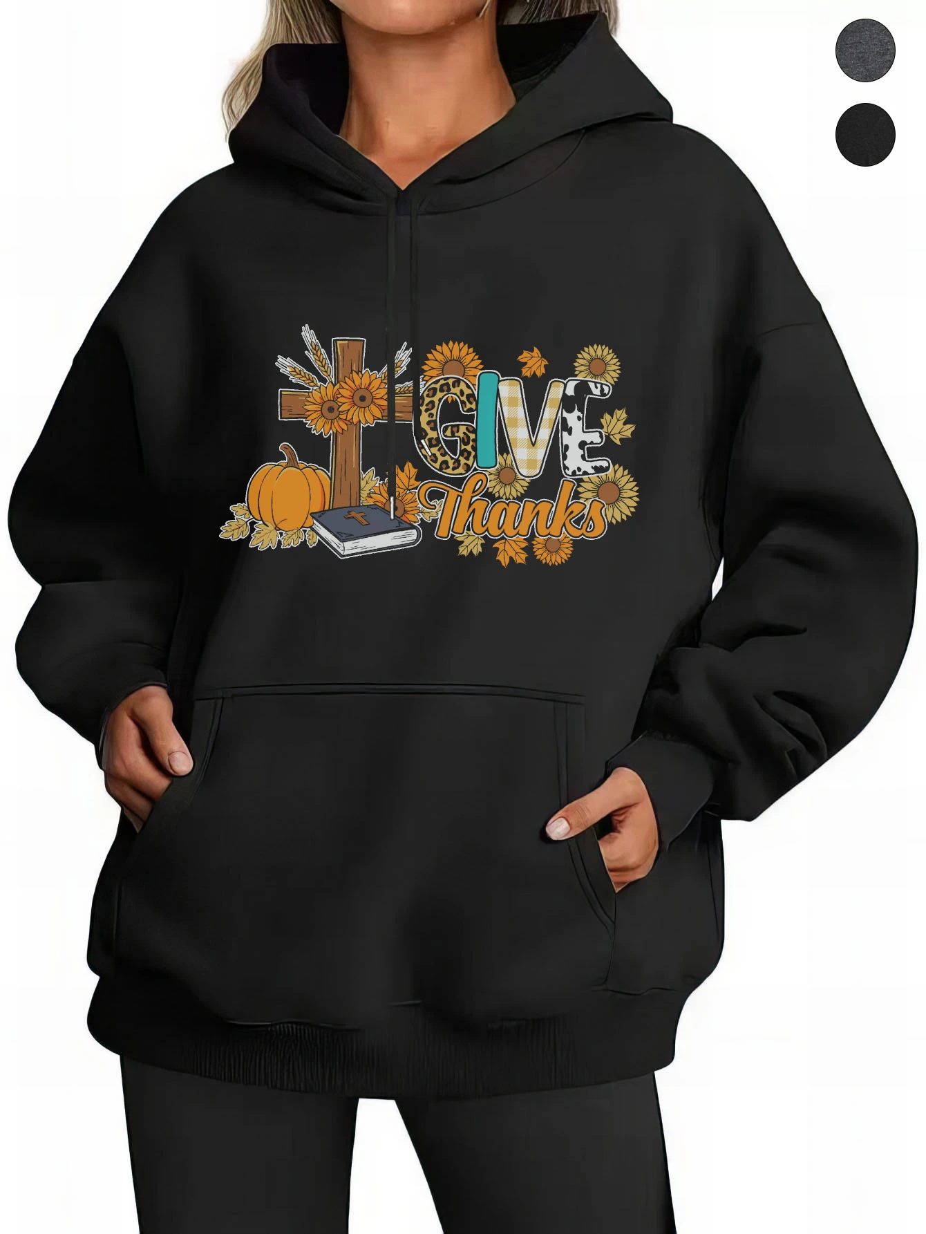 Thanksgiving Jesus Bundle Graphics Stylish Black Gray Hoodies Loose Fit Cotton for Women’s Fall/Winter Comfort Halloween Fun