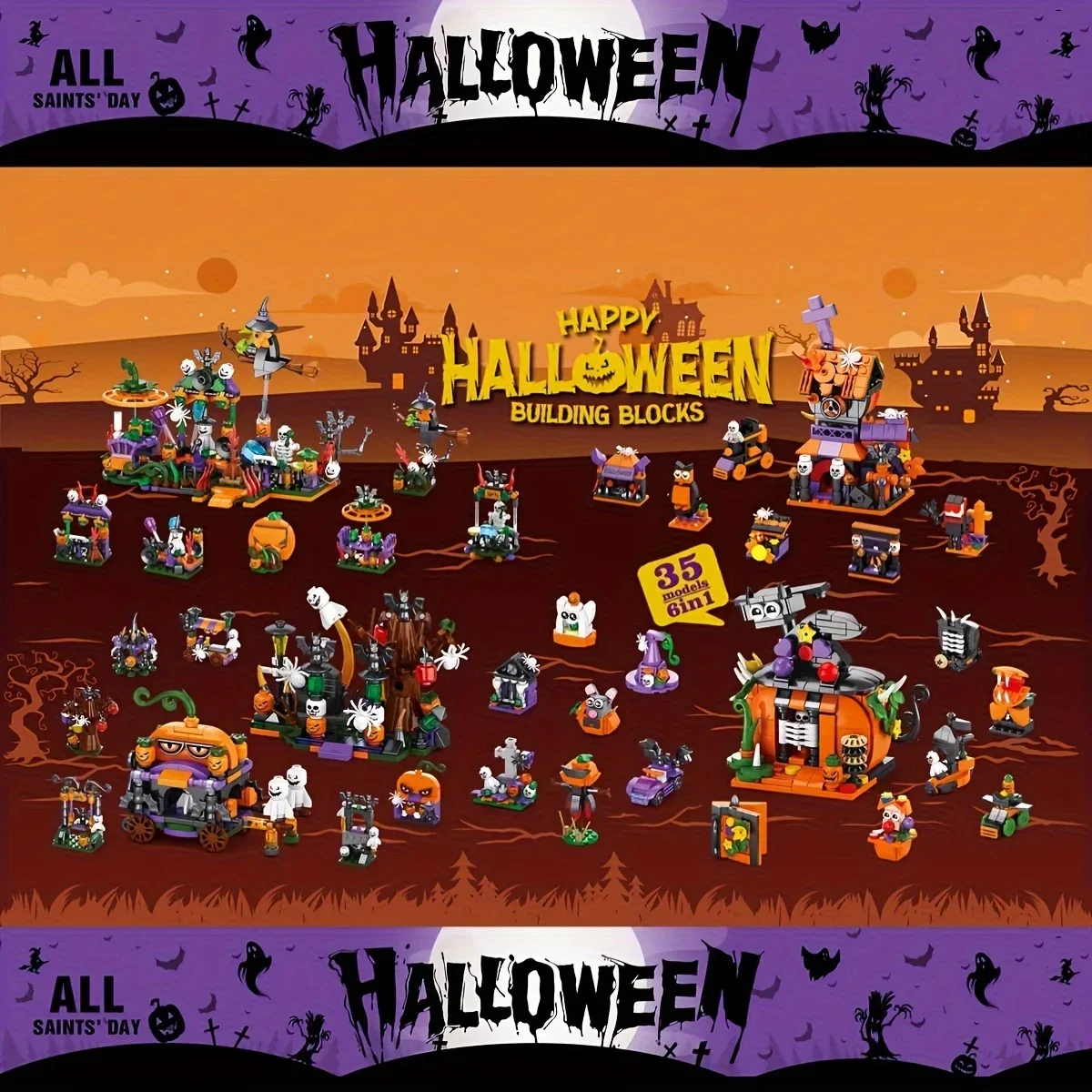 1328PCS Halloween Street Party Building Blocks Pumpkin Carriage House Ghost Park Model Bricks Diy Toys For Kids Holiday Gifts