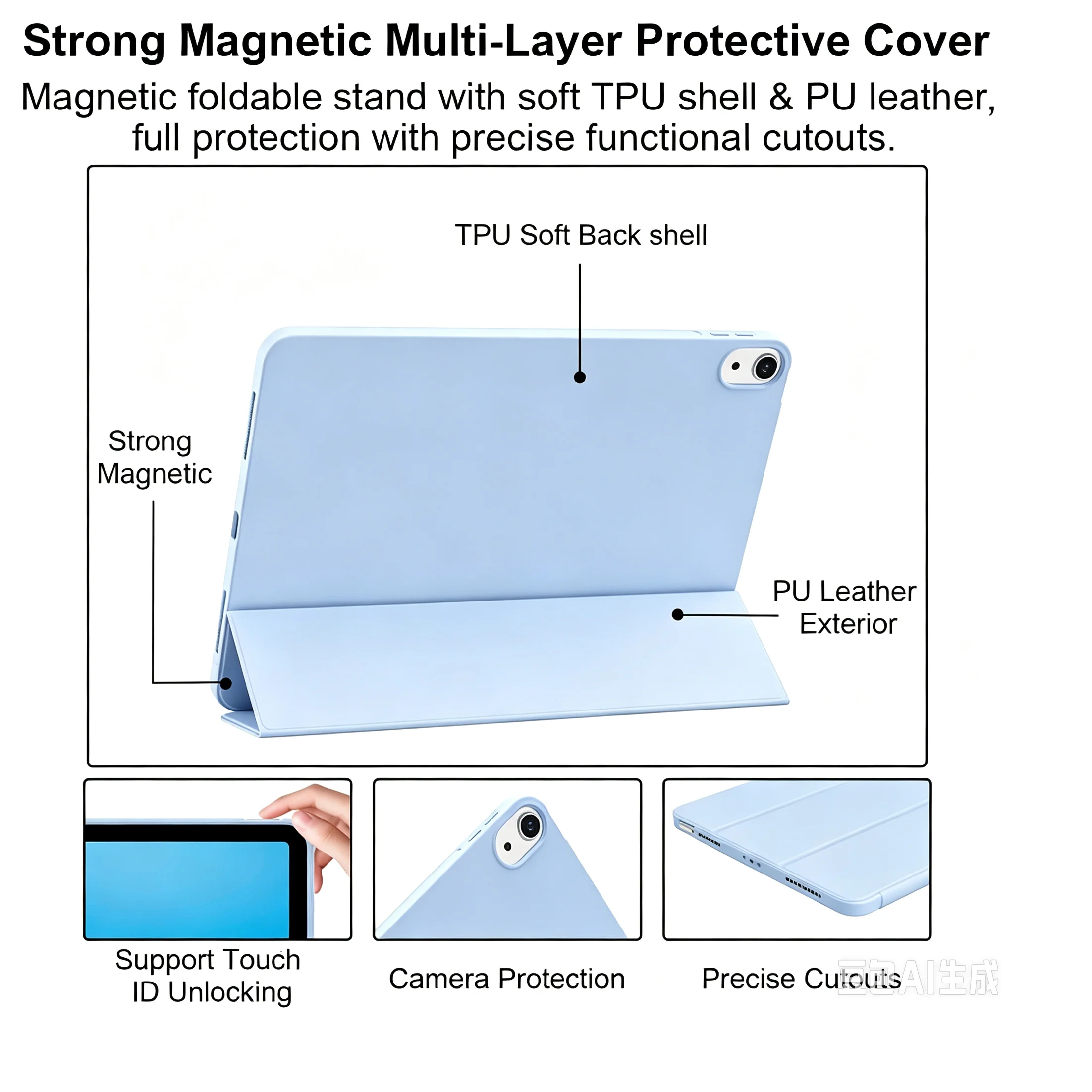 Tri-fold Flip Case For iPad Air M2 M3 M4 11inch, For iPad Air 4/5th Gen 10.9inch, Auto Wake/Sleep Soft Silicone Protective Cover