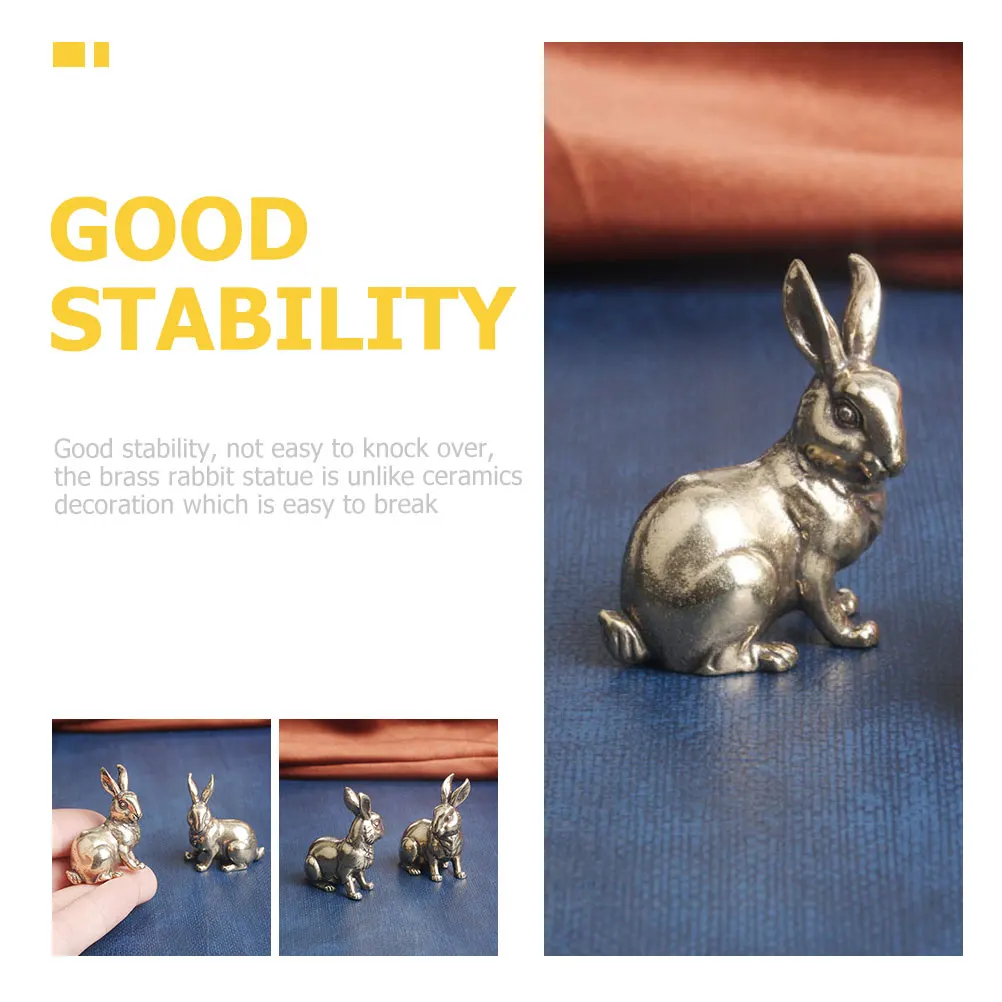 

2 Pcs Brass Rabbit Figurine Vintage Statue Tabletop Animal Decor Exquisite Craft Desktop Decorations Durability Stability