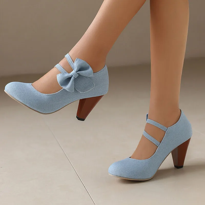 Blue Denim Pumps New Autumn Round Toe Ladies Shoes Side Sweet Bow Chunky Heels Shoes Woman zapatos mujer Big Size 35-43 WSH5141