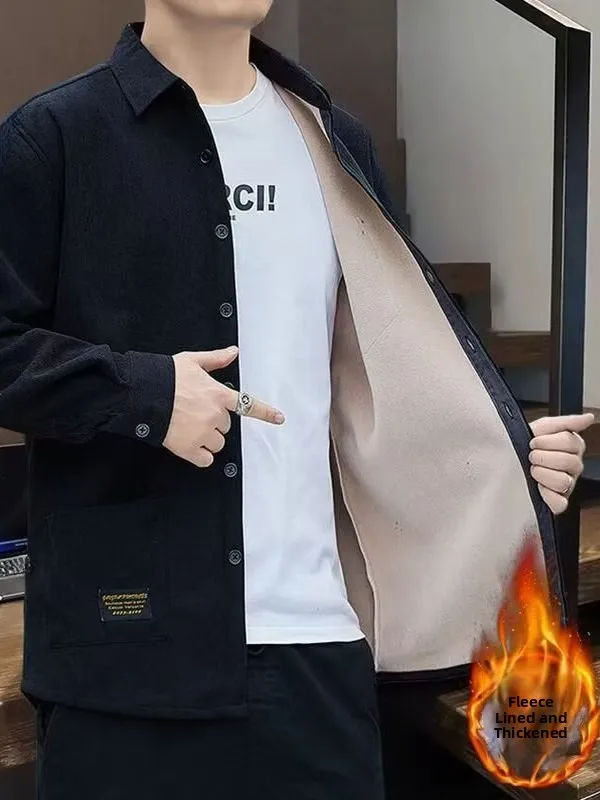 Men's Autumn Winter Corduroy Long Sleeve Shirt Thickened Fleece Casual Workwear Multi Pocket Durable Trendy Youth Shirt