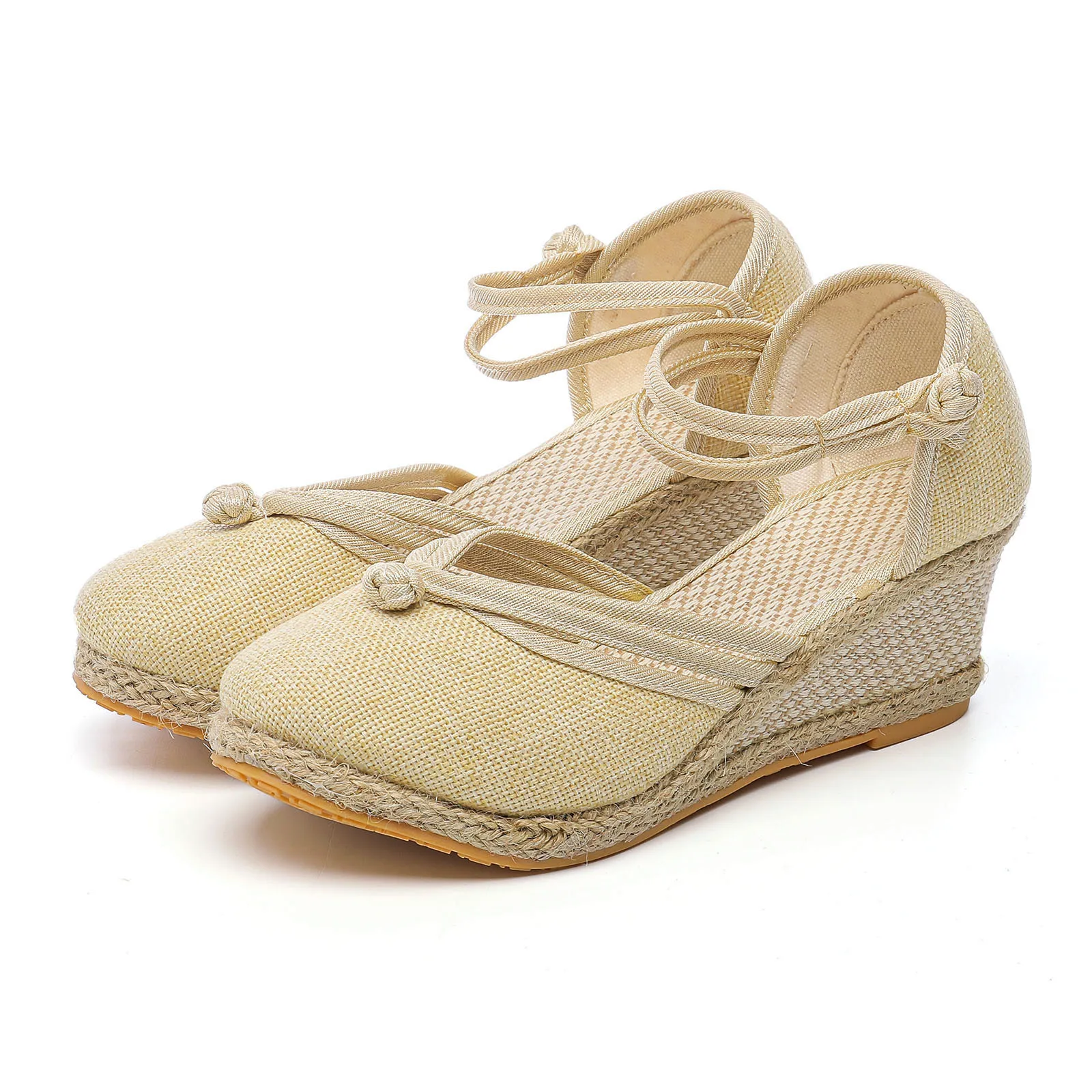 Estate 6cm piattaforma tacco espadrillas scarpe sandali da donna espadrillas intrecciate bottone nodo cinturino alla caviglia sandali con zeppa in