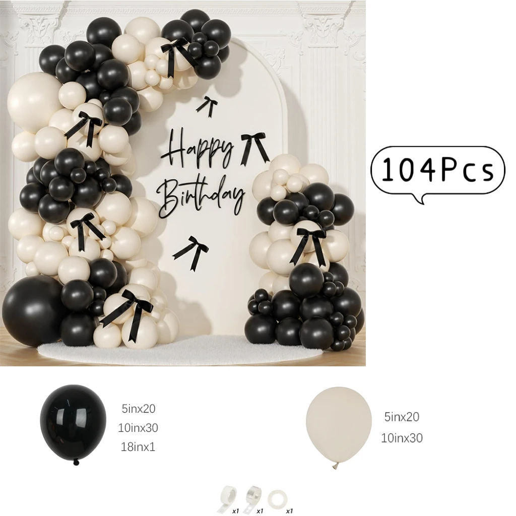104Pcs Black and Sand White Latex Balloon Garland Arch kit Wedding Birthday Baby Bridal Shower Gender Reveal Birthday Decoration