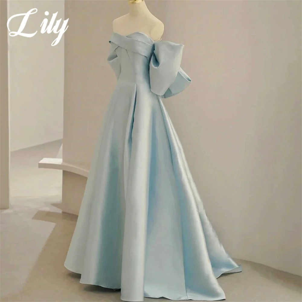 Lily Sky Blue Woman Evening Dress Gown A-Line Sexy Pleats Regular Sleeves Night Dresses Gown with Bow Custom robes de soirée